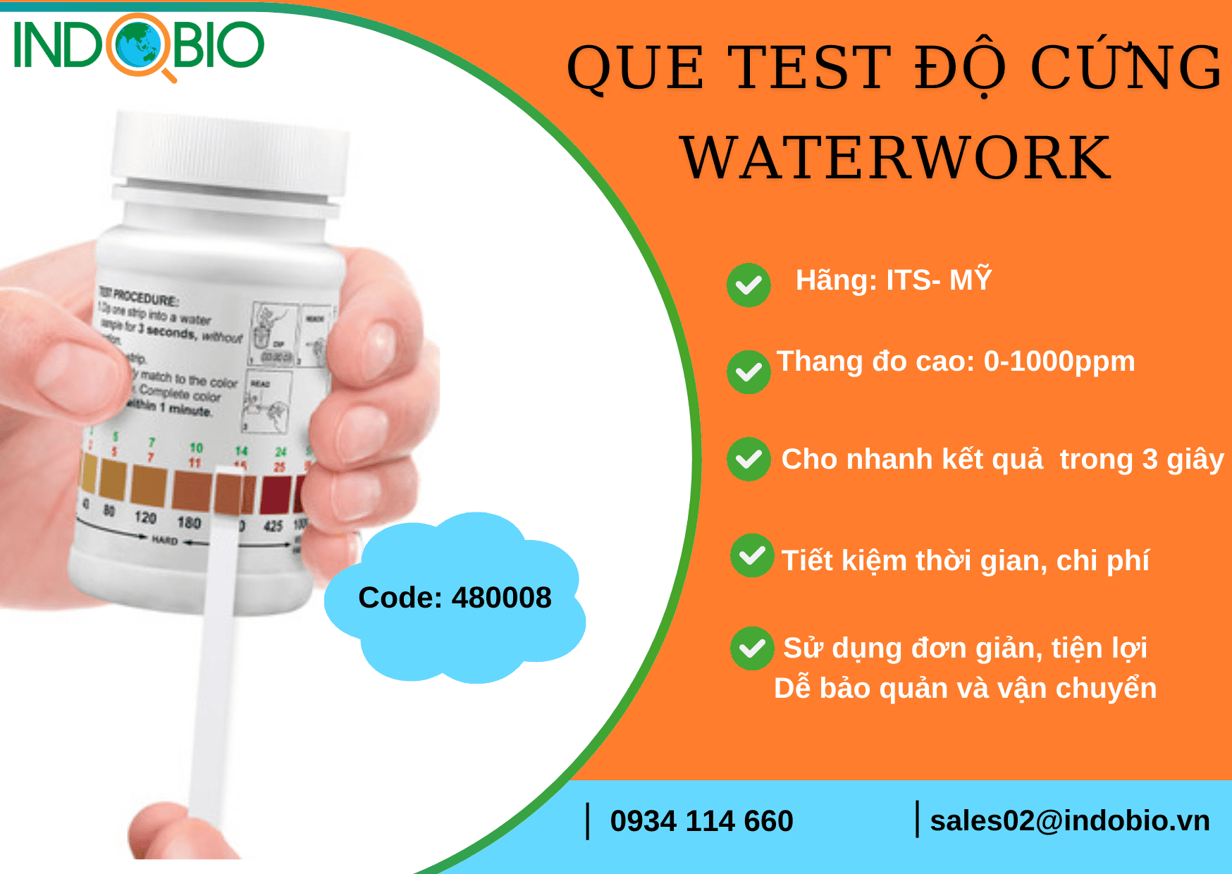 QUE TEST NHANH ĐỘ CỨNG TỔNG TRONG NƯỚC THANG CAO 0-1000 PM 480008 WATERWORKS